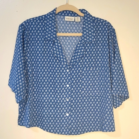 Haute Hippie Tops - Haute Hippie (Womens XL) Blue Patterned Button-Down Semi-Cropped Collared Blouse